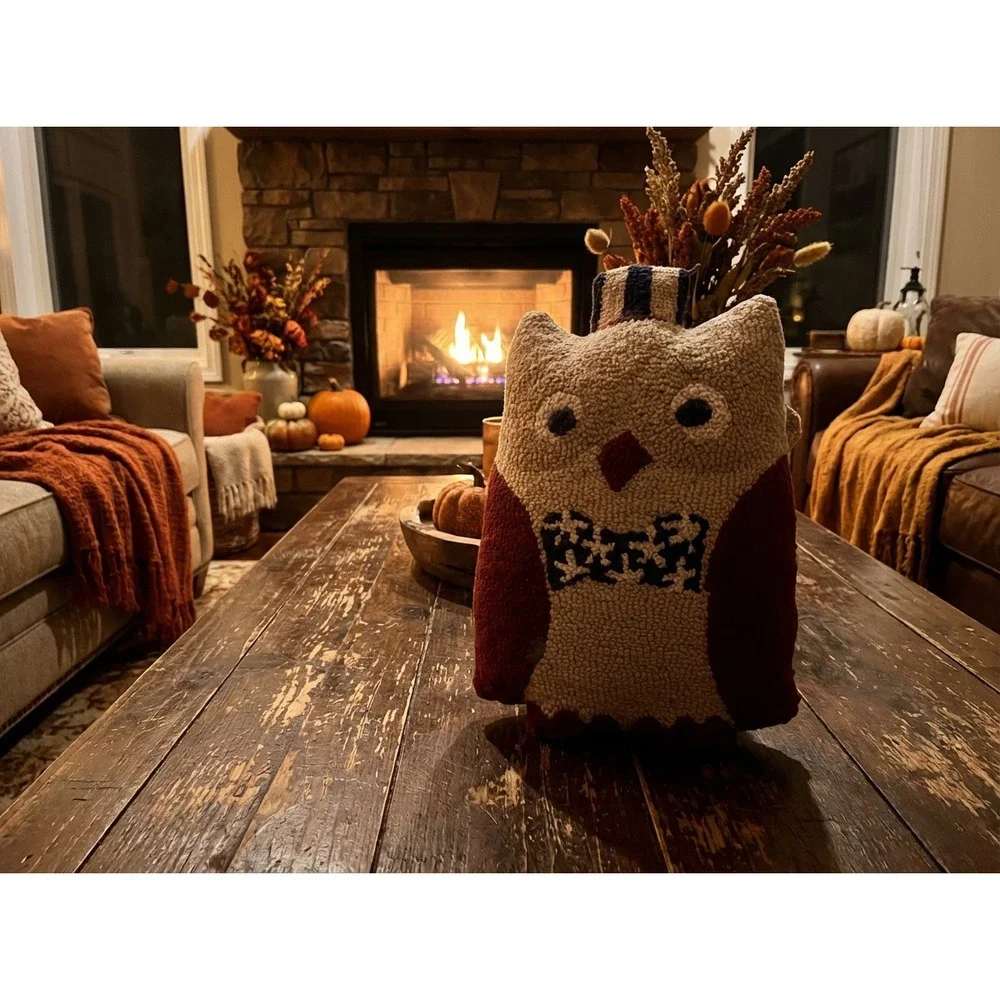VNT Adorable Hooked Owl Pillow Rustic Farmhouse‎ Fall Decor Accent Handmade